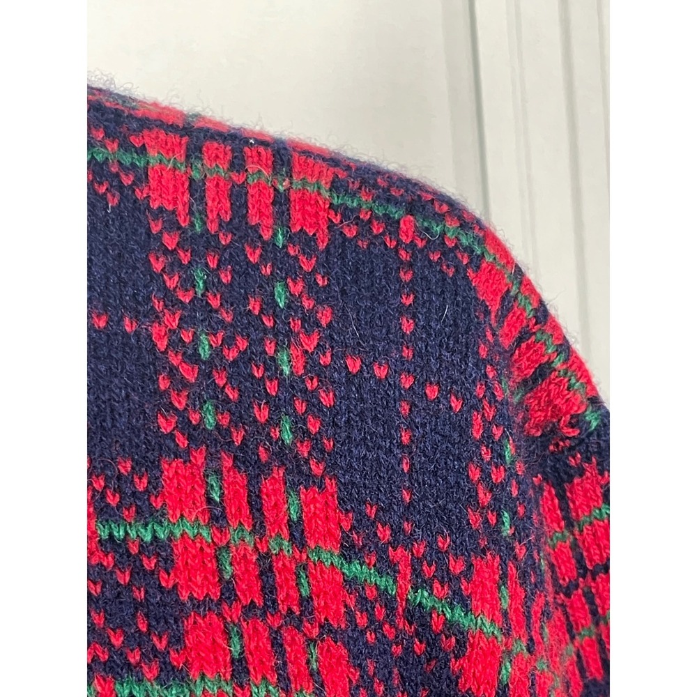 Vintage 90's Susan Bristol Wool Cardigan Sweater Plaid Knit Navy Red Green- L - Picture 16 of 16